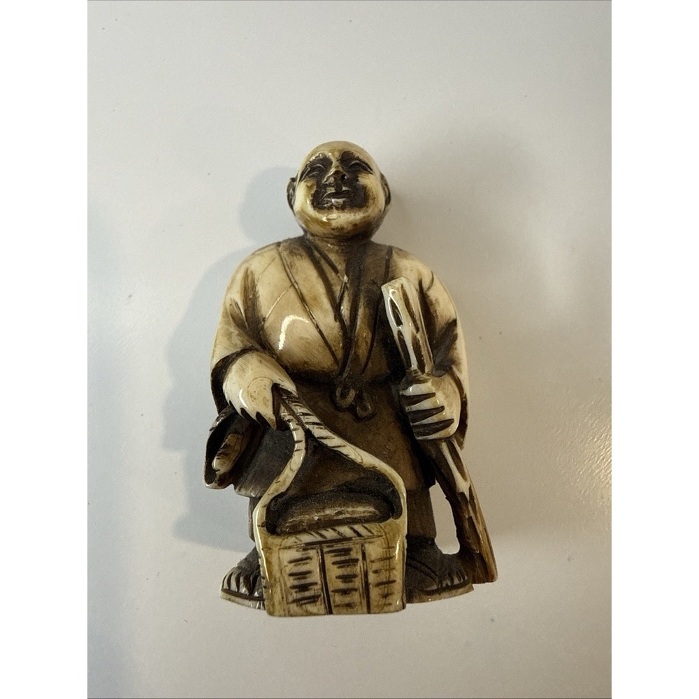 Vintage Japanese Carved Figurine 2" - Old Man / Merchant Signed Kogyoku 光玉⁠